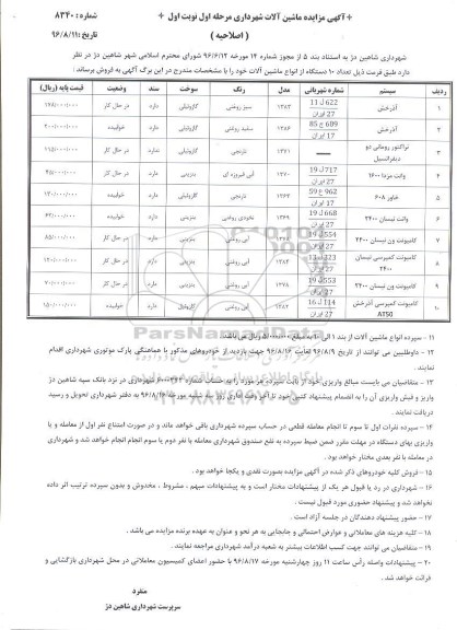 مزایده , اصلاحیه مزایده تعداد 10 دستگاه از انواع ماشین آلات