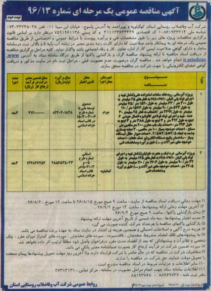 اگهی مناقصه , مناقصه پروژه آبرسانی - نوبت دوم 
