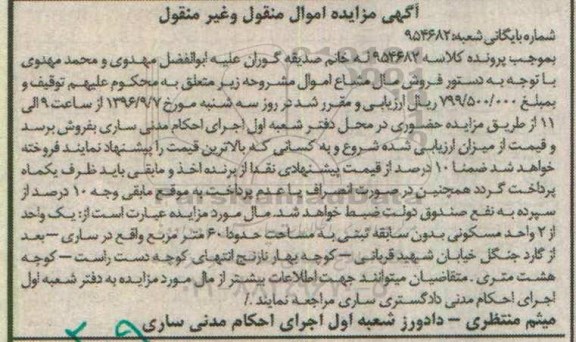 مزایده,مزایده یک واحد از دو واحد مسکونی مساحت 60 متر