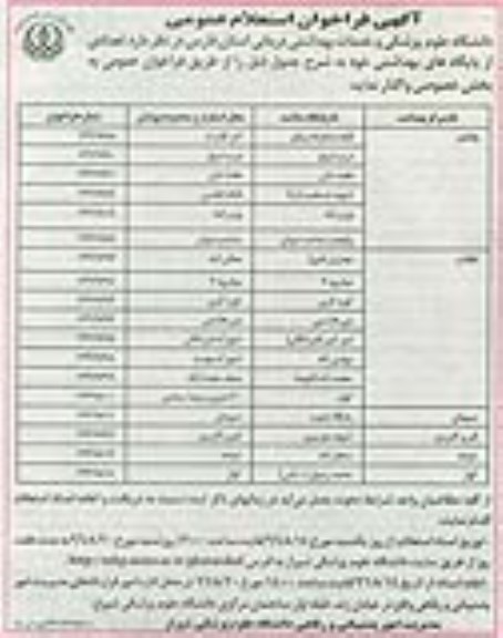 مناقصه, فراخوان استعلام پایگاه های بهداشتی