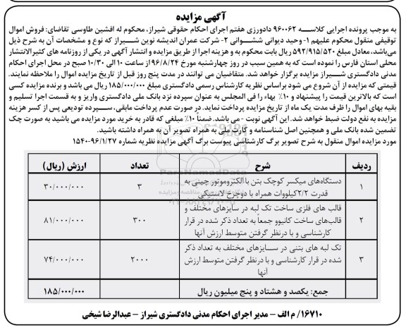 اگهی مزایده , مزایده دستگاه های میکسر 