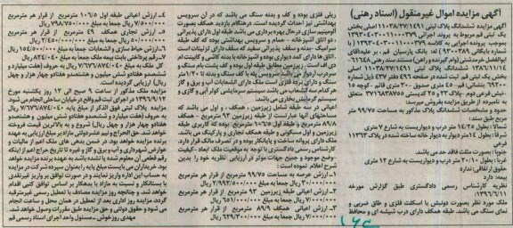 مزایده,مزایده ششدانگ پلاک ثبتی مساحت 99.75متر