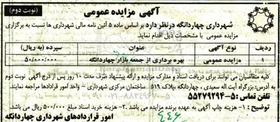 مزایده  ,مزایده بهره برداری از جمعه بازار  - نوبت دوم 