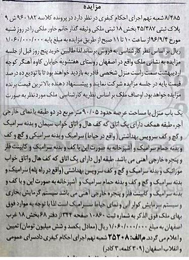 مزایده، مزایده یک باب منزل با مساحت عرصه حدود 90/05