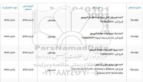 استعلام ، استعلام 2 عدد شیر برقی کامل دریچه واحد هواساز کمپرسور.....