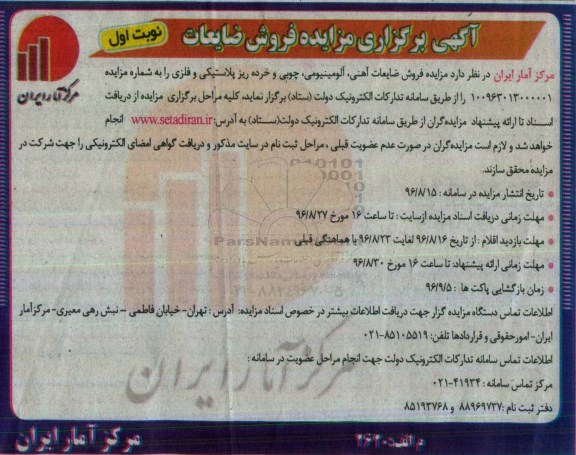 آگهی برگزاری مزایده، مزایده فروش ضایعات آهنی، آلومینیومی، چوبی و خرده ریز پلاستیکی و فلزی