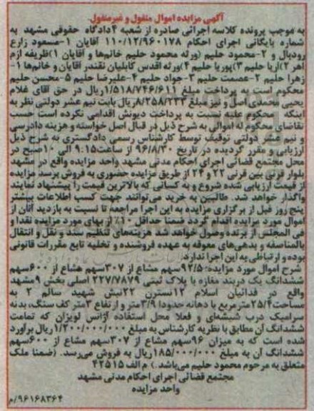 مزایده,مزایده مغازه بخش نه مشهد