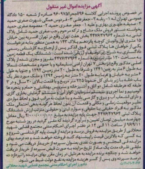 مزایده,مزایده ششدانگ زمین مساحت صد و بیست متر