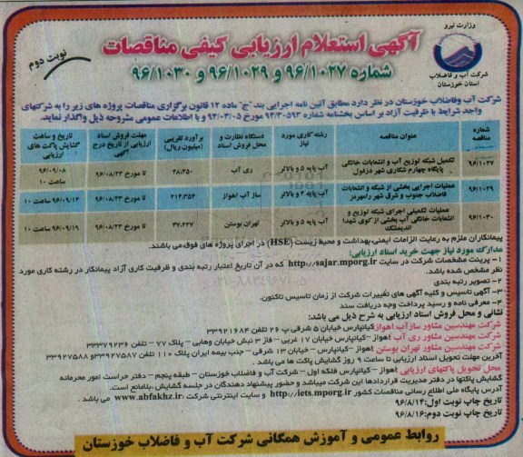 آگهی استعلام ارزیابی کیفی مناقصات، مناقصه تکمیل شبکه توزیع آب و  انشعابات خانگی پایگاه چهارم شکاری...نوبت دوم 