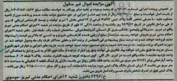 مزایده,مزایده پلاک ثبتی بخش نه تبریز