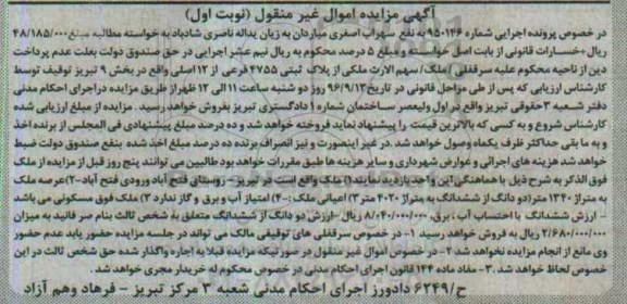 مزایده,مزایده ملک پلاک ثبتی 4755 فرعی بخش نه تبریز