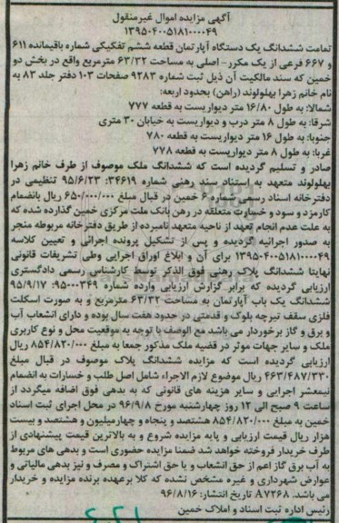 مزایده,مزایده ششدانگ آپارتمان قطعه ششم تفکیکی