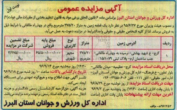 مزایده,مزایده فروش یک قطعه زمین مساحت 375.20متر 