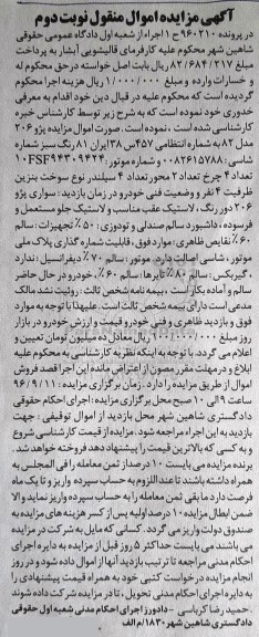 مزایده ,مزایده یک دستگاه پژو ۲۰۶ نوبت دوم