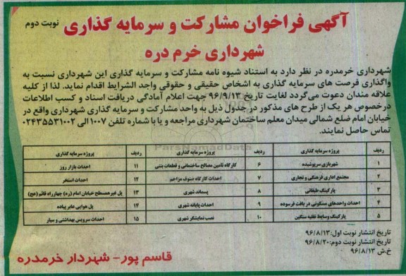 فراخوان , فراخوان مشارکت و سرمایه گذاری نسبت به واگذاری فرصت های سرمایه گذاری نوبت دوم 