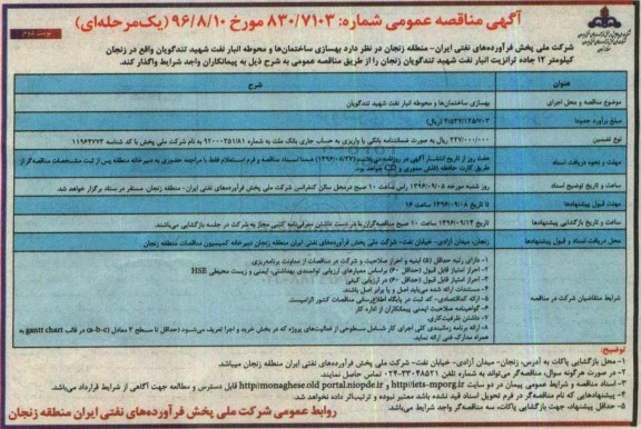 آگهی مناقصه عمومی یک مرحله ای , مناقصه بهسازی ساختمان ها و محوطه انبار... نوبت دوم
