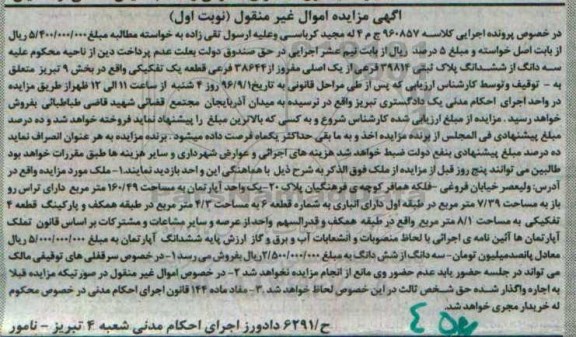 مزایده,مزایده سه دانگ از ششدانگ پلاک ثبتی بخش نه تبریز