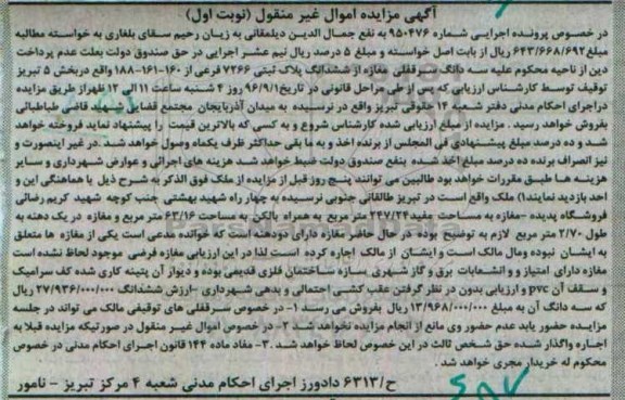 مزایده,مزایده سه دانگ سرقفلی مغازه از ششدانگ پلاک ثبتی