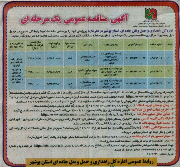 آگهی مناقصه عمومی یک مرحله ای ، مناقصه تهیه علائم و تجهیزات ایمنی