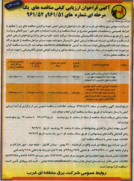 مناقصه, فراخوان مناقصه عملیات اجرایی نصب فیبر نوری خط 63 کیلوولت و نصب کابل هوایی خط 230 کیلوولت