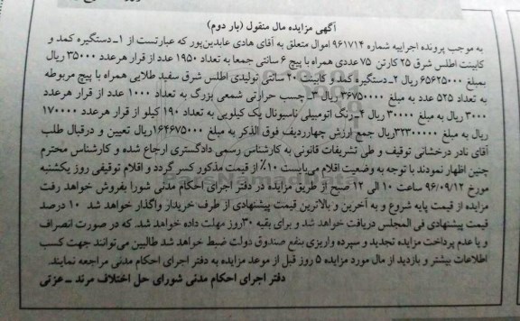 مزایده, مزایده دستگیره کمد و کابینت، چسب حرارتی شمعی و رنگ اتومبیلی