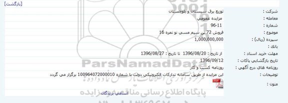 مزایده, مزایده فروش 72 تن سیم مسی نو نمره 16