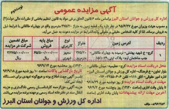 مزایده,مزایده فروش یک قطعه زمین مساحت 375.20متر نوبت دوم 