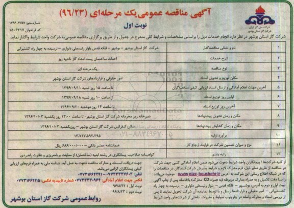 مناقصه ,مناقصه احداث ساختمان پست امداد گاز 