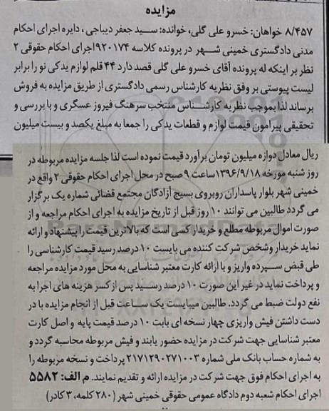 مزایده,مزایده فروش 44 قلم لوازم یدکی نو