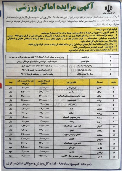 آگهی مزایده , مزایده اماکن ورزشی