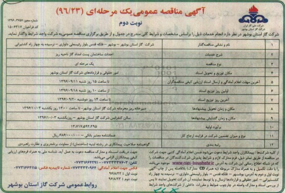 مناقصه , مناقصه احداث ساختمان پست امداد گاز - نوبت دوم