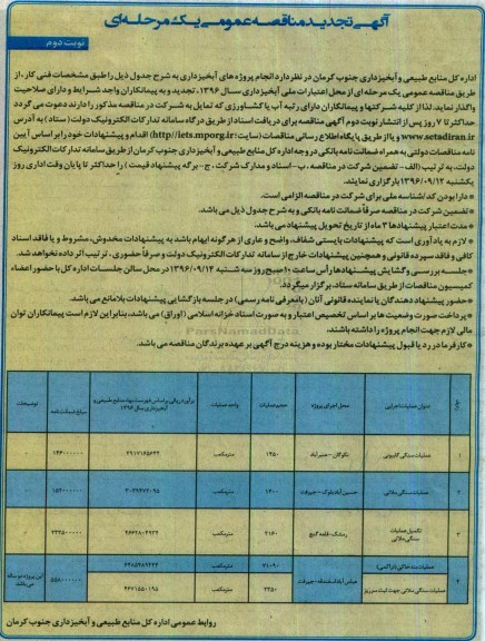 مناقصه عمومی, تجدید مناقصه تکمیل عملیات سنگی گابیونی، ملاتی، بندخاکی...