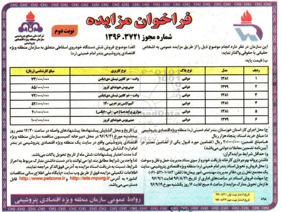 مزایده , مزایده فروش شش دستگاه خودروی اسقاطی نوبت دوم