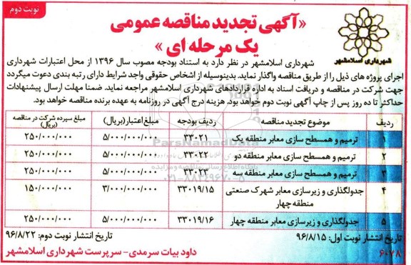تجدید آگهی مناقصه عمومی، تجدید مناقصه ترمیم و همسطح سازی معابر و ... نوبت دوم 