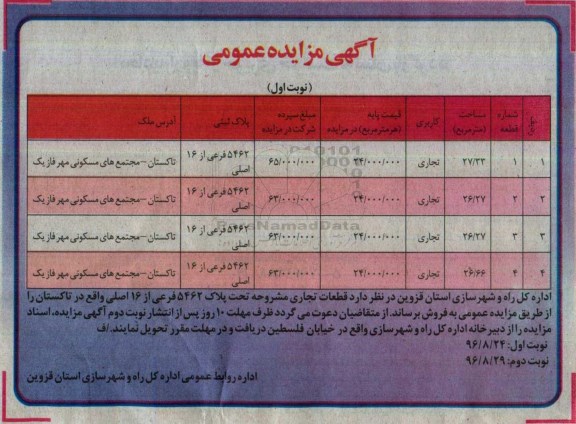 مزایده,مزایده فروش قطعات تجاری تحت پلاک 5462 فرعی