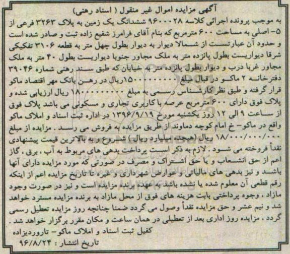 مزایده,مزایده ششدانگ زمین مساحت 600 متر