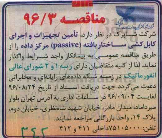 مناقصه تامین تجهیزات و اجرای کابل کشی ساختار یافته