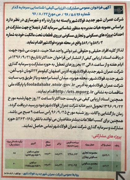 آگهی فراخوان عمومی , فراخوان شناسایی سرمایه گذار ذیصلاح جهت مشارکت در پروژه های مسکونی...