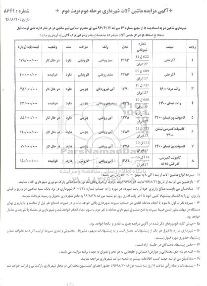 مزایده ,مزایده ۸ دستگاه از انواع ماشین آلات