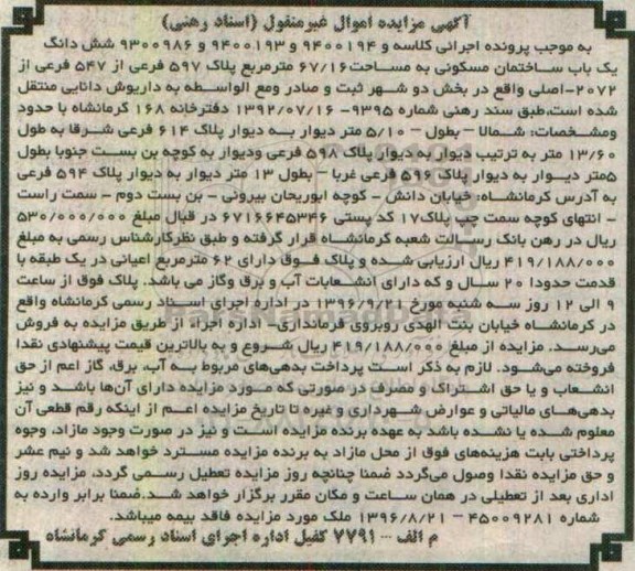 مزایده,مزایده ششدانگ ساختمان مسکونی مساحت 67.16متر 