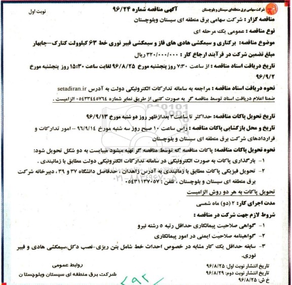 مناقصه ,مناقصه برکناری و سیمکشی هادی های فاز و سیمکشی فیبر نوری 