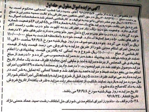 مزایده ,مزایده یک دستگاه خودرو پراید هاچ بک 