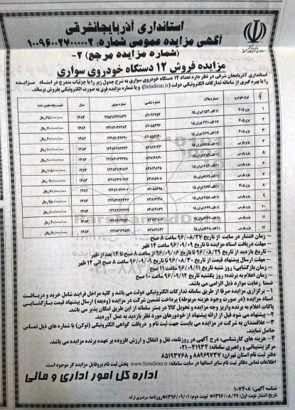 آگهی مزایده عمومی , مزایده فروش 12 دستگاه خودروی سواری