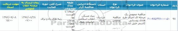 آگهی مناقصه یک مرحله ای ,  مناقصه عمومی یک مرحله ای اجرای طرح هادی روستایی کاشمر خلیل آباد 