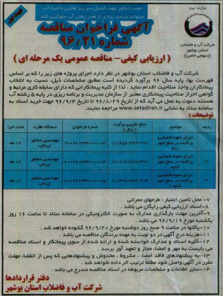 آگهی فراخوان مناقصه, مناقصه اجرای خطوط فاضلابرو پراکنده و ...