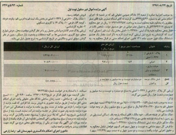 مزایده,مزایده ملک پلاک 80 فرعی بخش یک ثبت قم