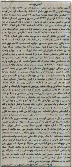 مزایده,مزایده ششدانگ آپارتمان مساحت 50.07متر
