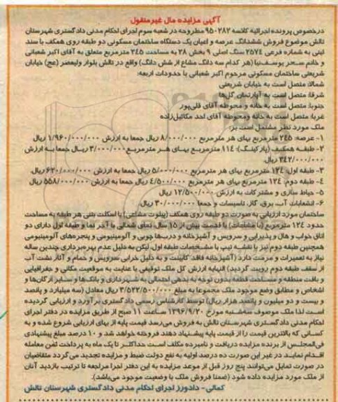 مزایده،مزایده ششدانگ ساختمان مسکونی مساحت 245متر