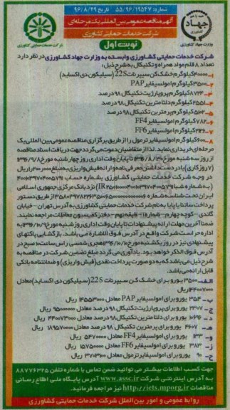 مناقصه, مناقصه 40000 کیلوگرم خشک کن سیپرنات 22S سیلیکون دی اکساید  .... 
