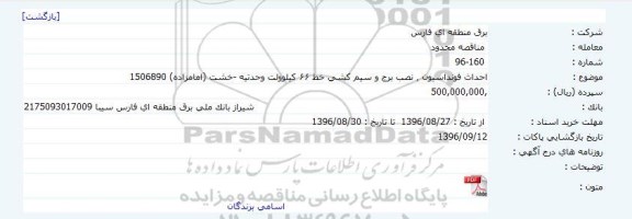 مناقصه احداث فونداسیون ٫ نصب برج و سیم کشی خط ۶۶ کیلوولت